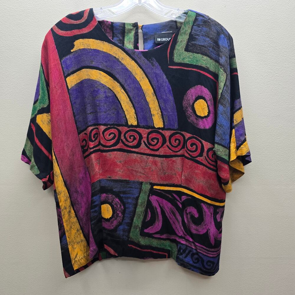 VTG Artsy 1980s Funky Abstract Print Short-Sleeve Blouse Multicolor Size 12